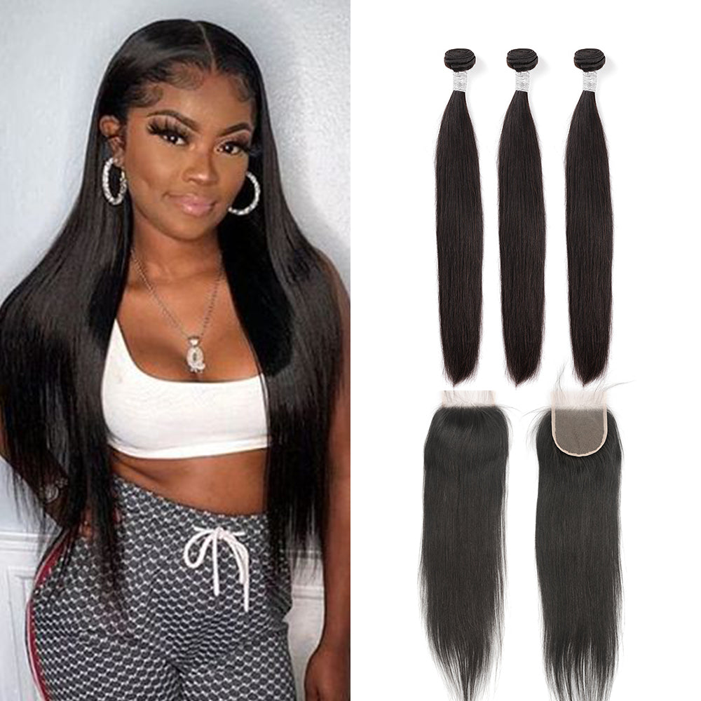 Msmerry Hair Bundles with 4x4 Swiss Lace Closure Invisible Knots Straight Wave Hair Weaves Human Hair (1 Closure + 3Bundles)